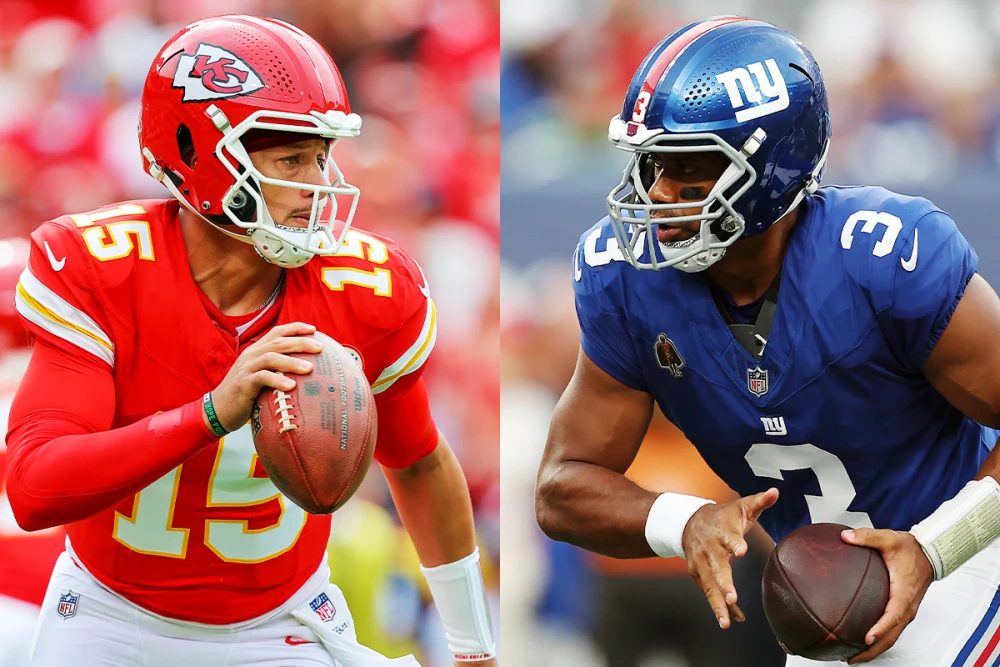 Kansas City Chiefs quarterback Patrick Mahomes and New York Giants quarterback Russell Wilson meet on the field before Sunday Night Football